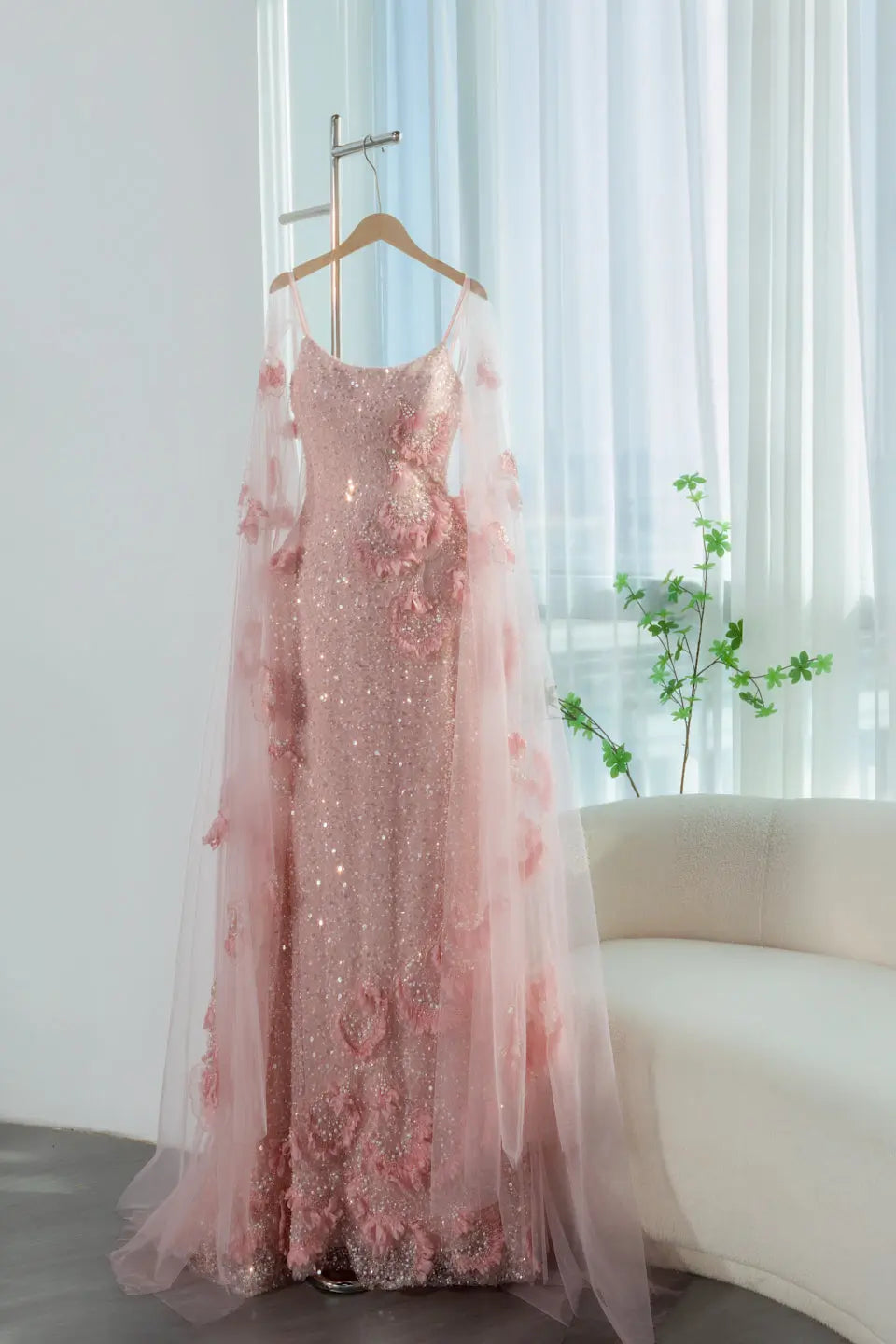 DreamyVow Pink sequin beaded sheath with sheer shawl Evening Dress Prom Dress SS472