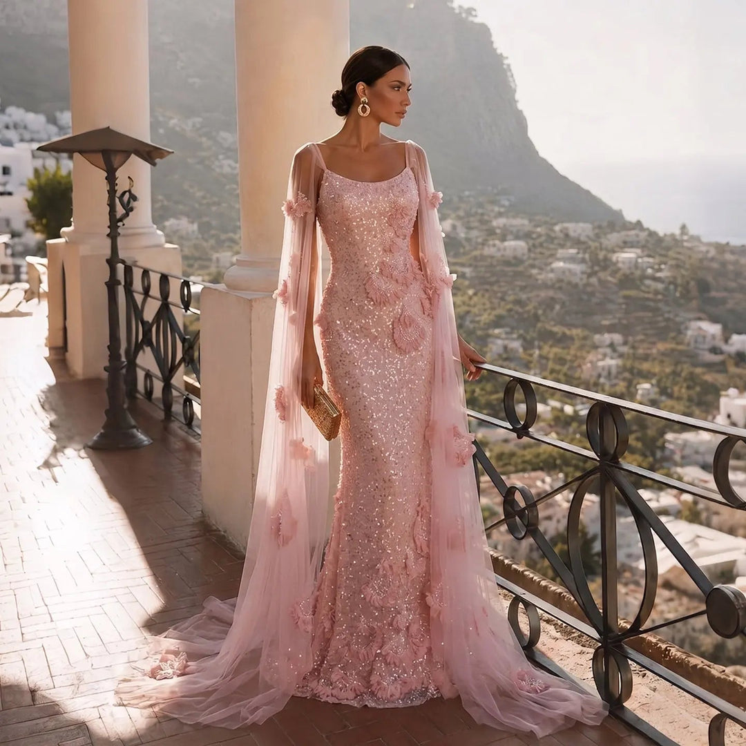 DreamyVow Pink sequin beaded sheath with sheer shawl Evening Dress Prom Dress SS472