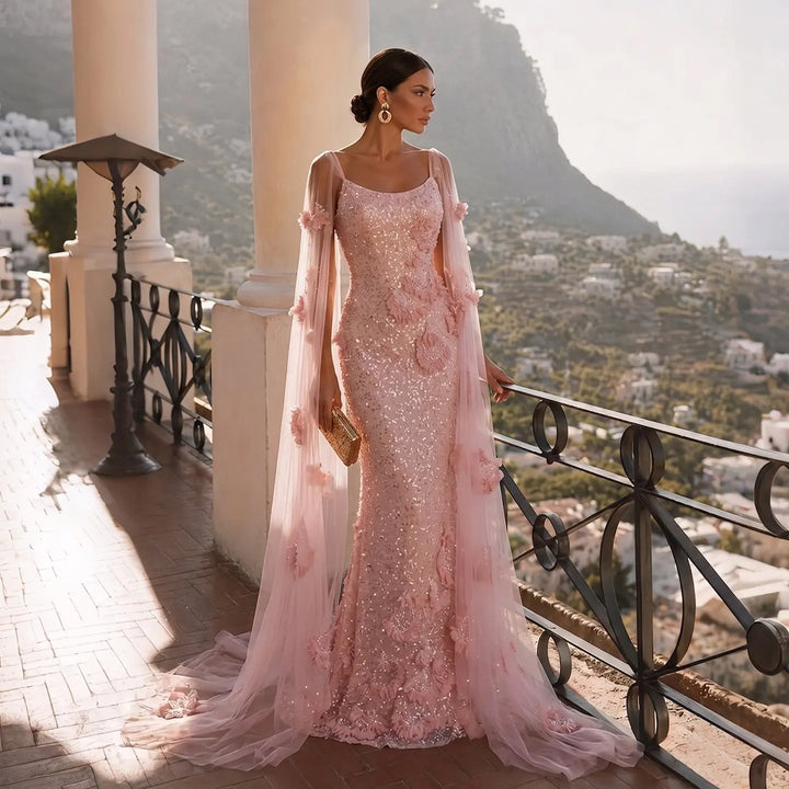 DreamyVow Pink sequin beaded sheath with sheer shawl Evening Dress Prom Dress SS472