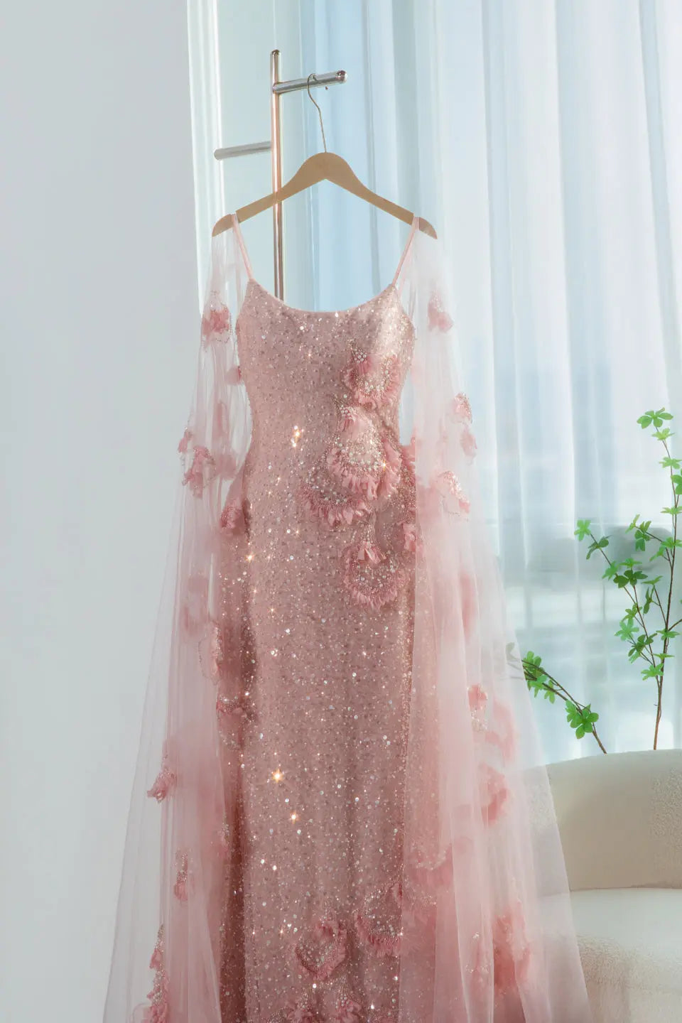 DreamyVow Pink sequin beaded sheath with sheer shawl Evening Dress Prom Dress SS472