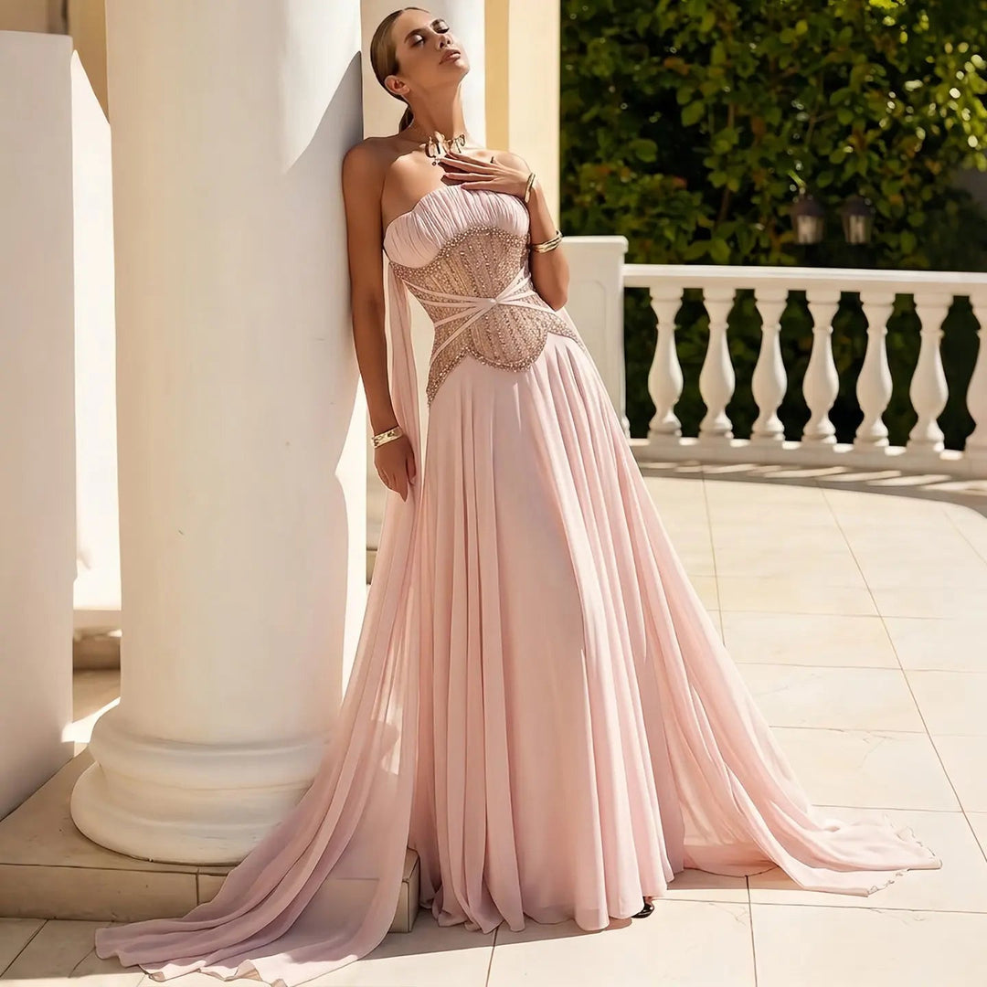 DreamyVow Pink beaded strapless A-line Evening Dress Prom Dress SS532