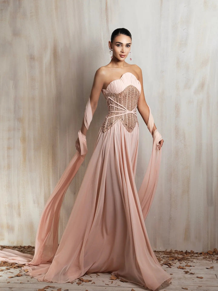 DreamyVow Pink beaded strapless A-line Evening Dress Prom Dress SS532