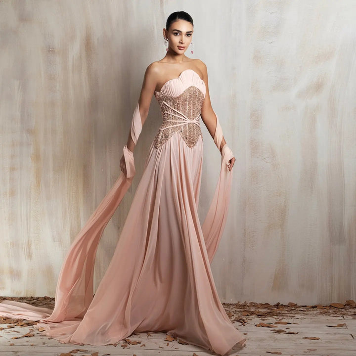 DreamyVow Pink beaded strapless A-line Evening Dress Prom Dress SS532