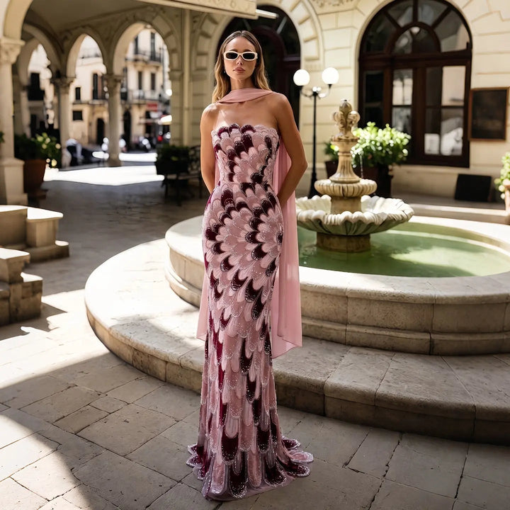 DreamyVow Pink floral beaded strapless mermaid Evening Dress Prom Dress SS617