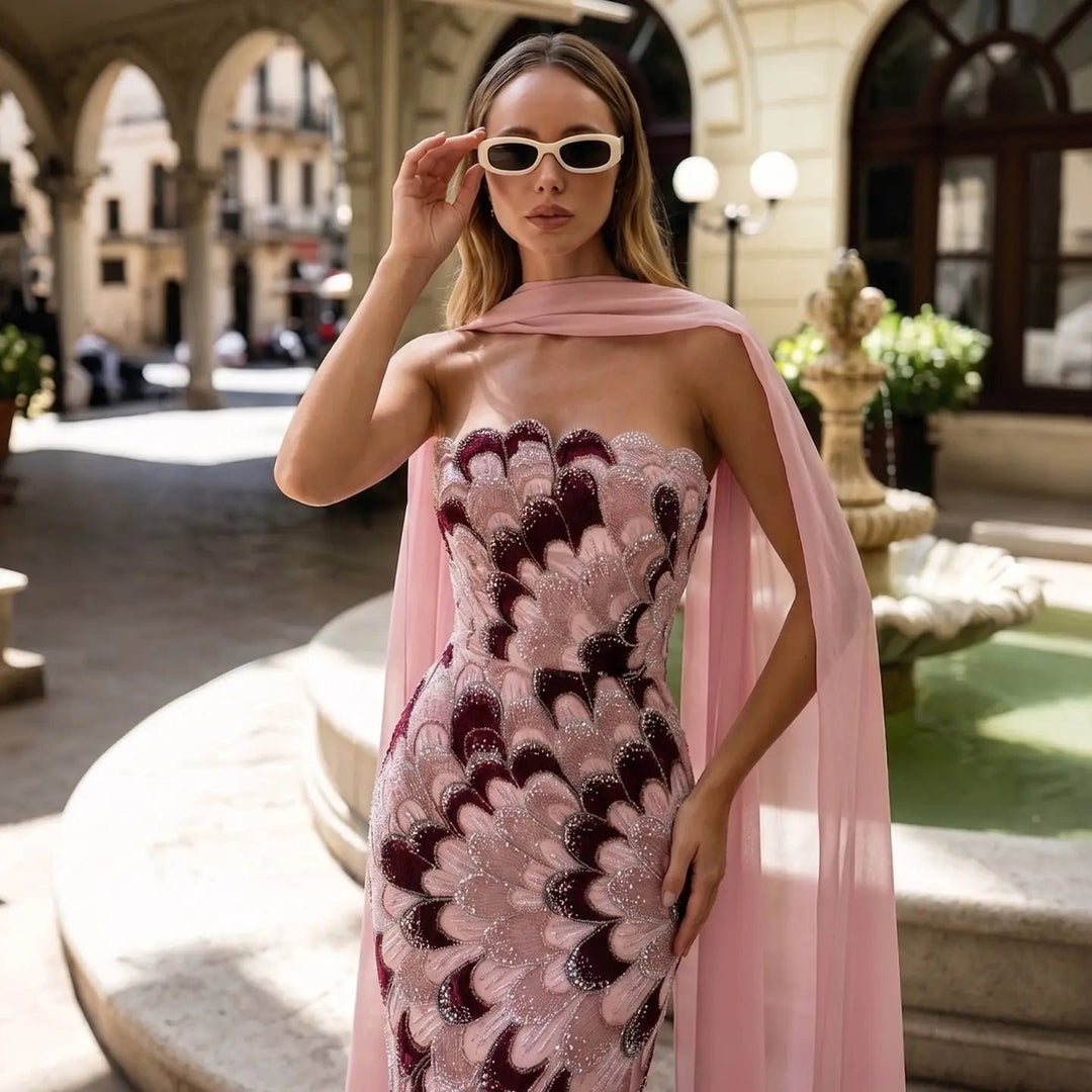 DreamyVow Pink floral beaded strapless mermaid Evening Dress Prom Dress SS617