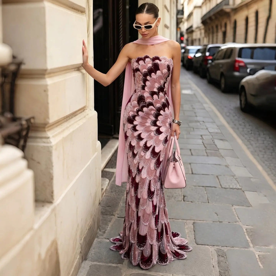 DreamyVow Pink floral beaded strapless mermaid Evening Dress Prom Dress SS617
