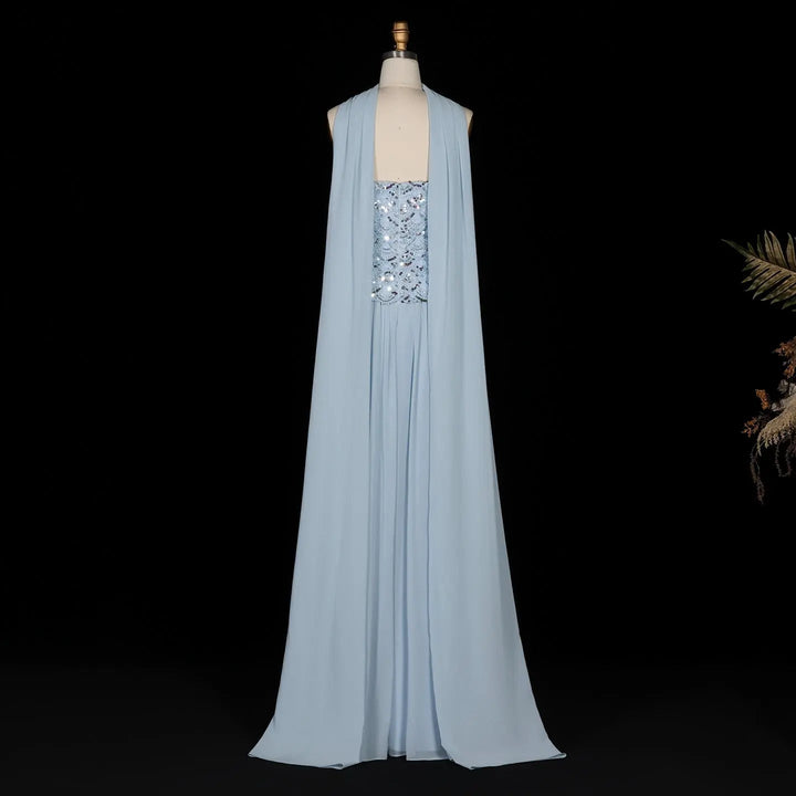 DreamyVow SS651 light blue beaded A-line evening dress back full