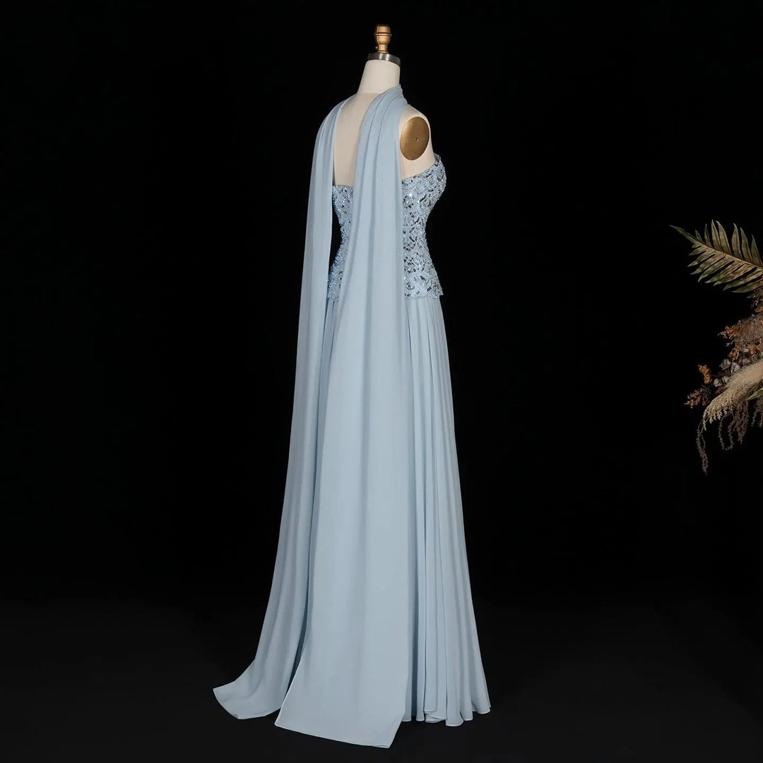 DreamyVow SS651 light blue beaded A-line evening dress back with shawl