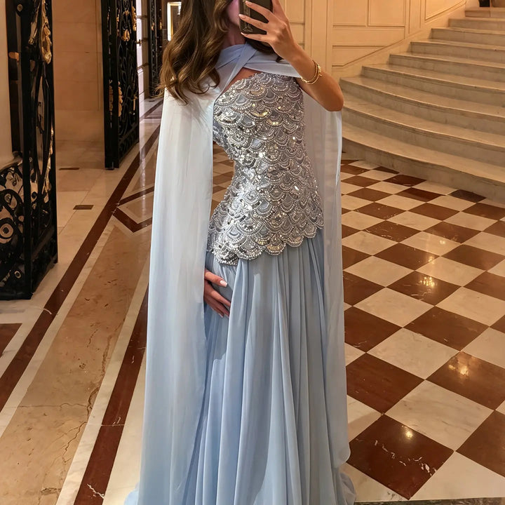DreamyVow SS651 light blue beaded A-line evening dress model detail