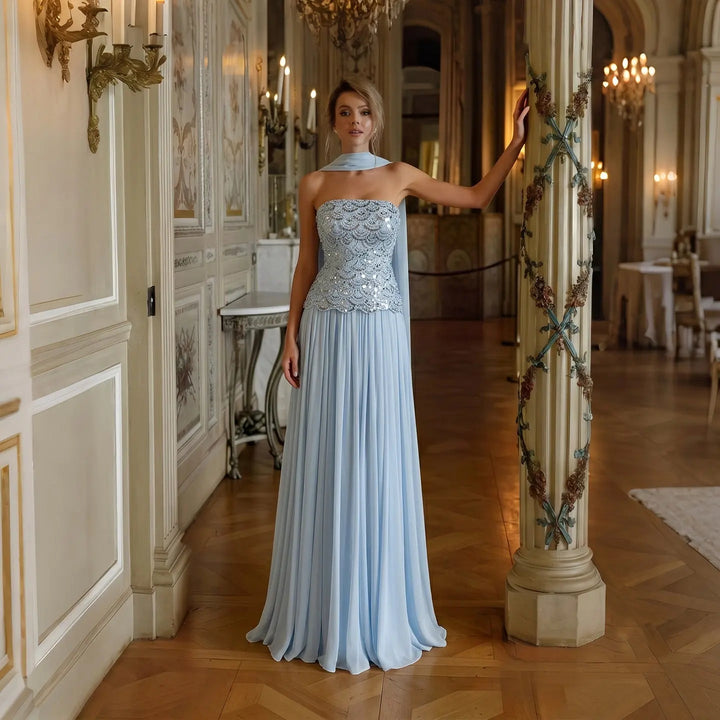 DreamyVow SS651 light blue beaded A-line evening dress model front full