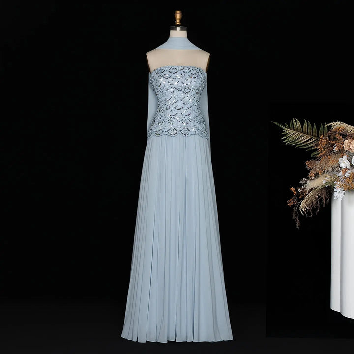 DreamyVow SS651 light blue beaded evening dress with shawl side detail