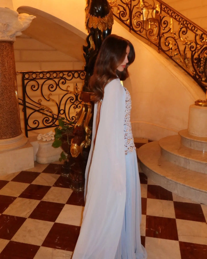 DreamyVow SS651 light blue beaded evening dress with shawl side model