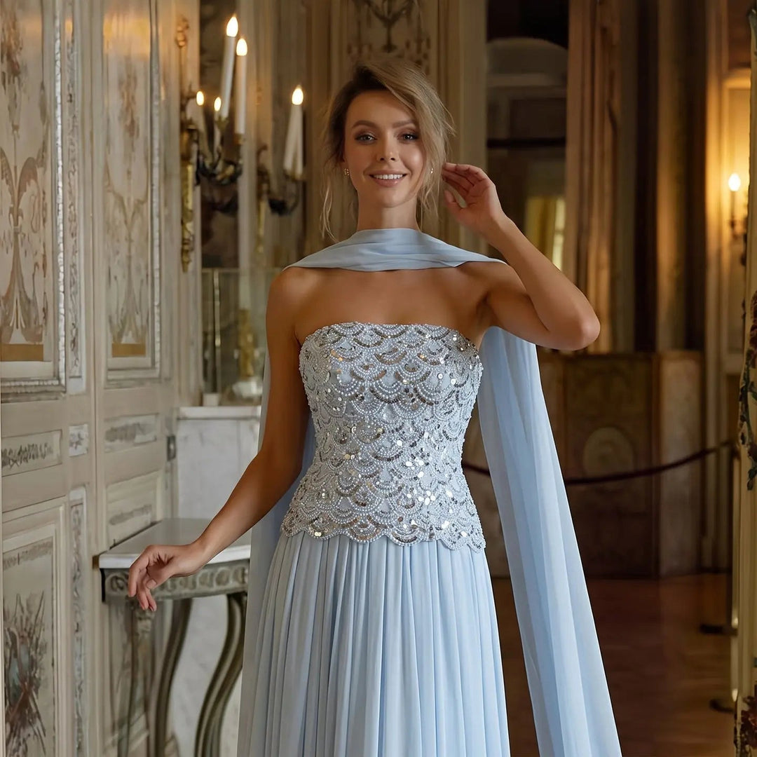 DreamyVow SS651 light blue beaded strapless evening dress bodice model