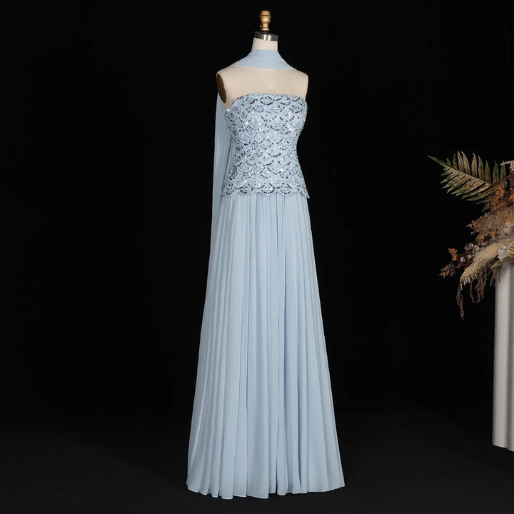 DreamyVow SS651 light blue beaded strapless evening dress front mannequin