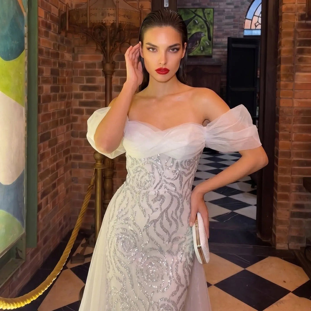 Elegant Off-Shoulder White Mermaid Evening Dress Beaded with Train SS636