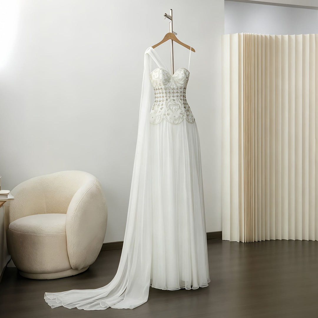 Elegant Blush Pink Beaded Evening Dress with Cape SS285