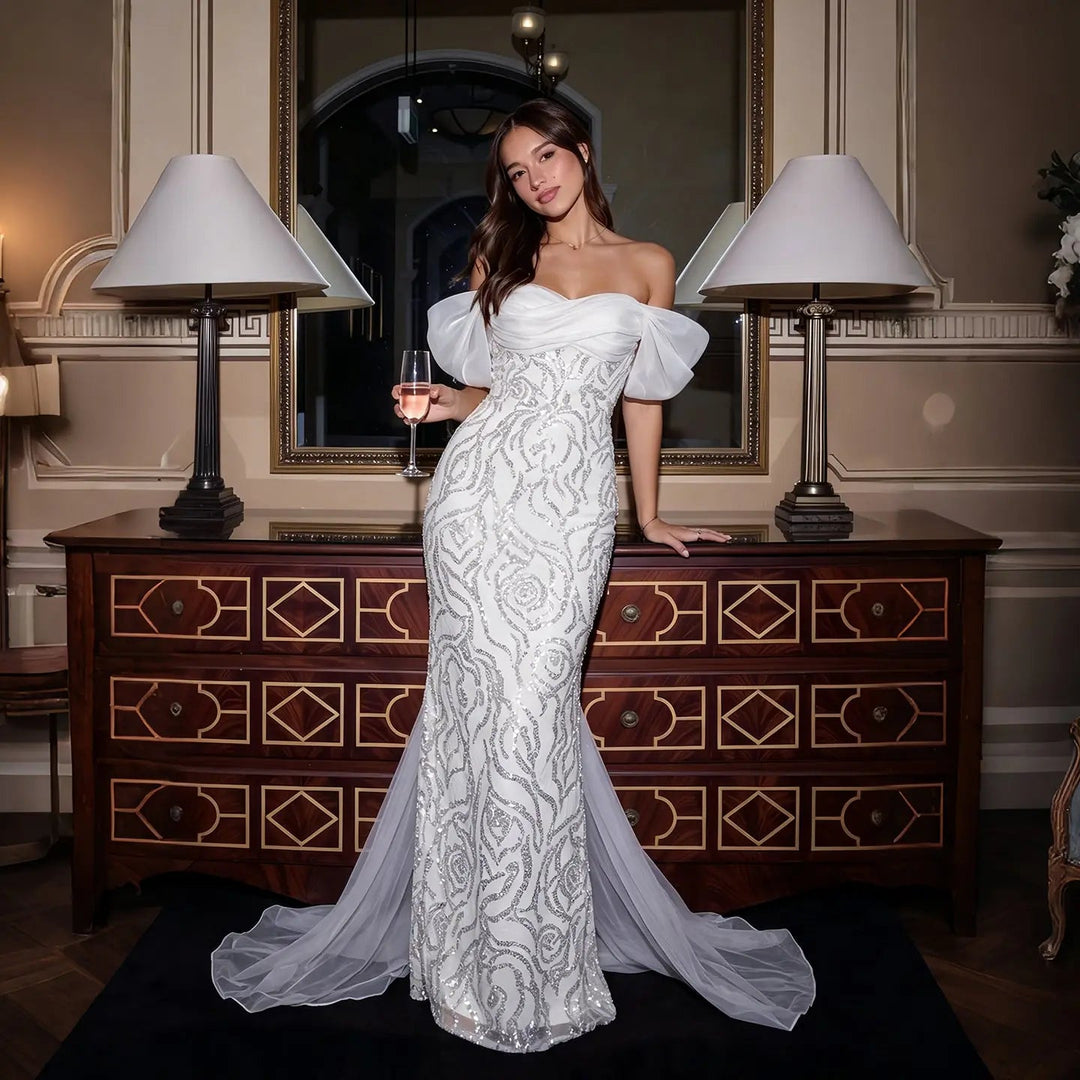 white beaded mermaid prom dress Clean and Elegant White V-Neck Lace Beaded Mermaid Long Prom Dress P33 PreppyDress