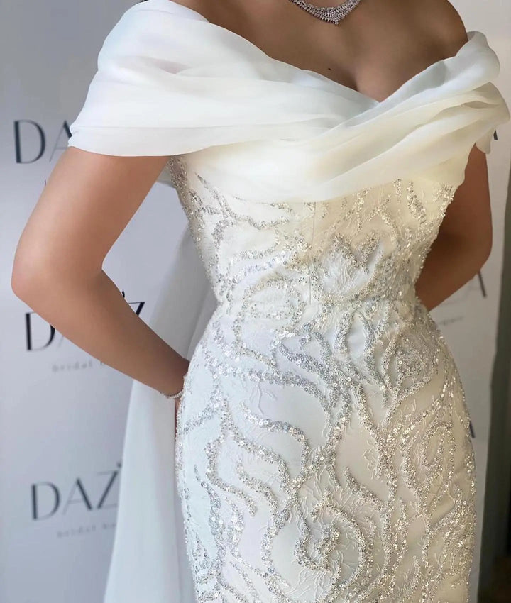 Elegant Off-Shoulder White Mermaid Evening Dress Beaded with Train SS636