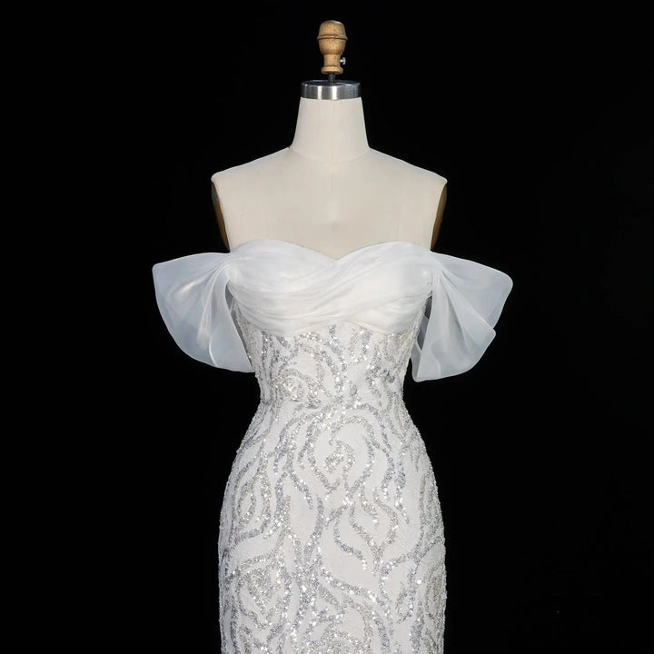 Elegant Off-Shoulder White Mermaid Evening Dress Beaded with Train SS636