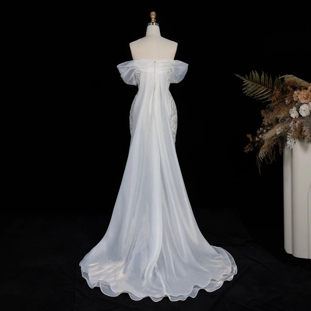 Elegant Off-Shoulder White Mermaid Evening Dress Beaded with Train SS636