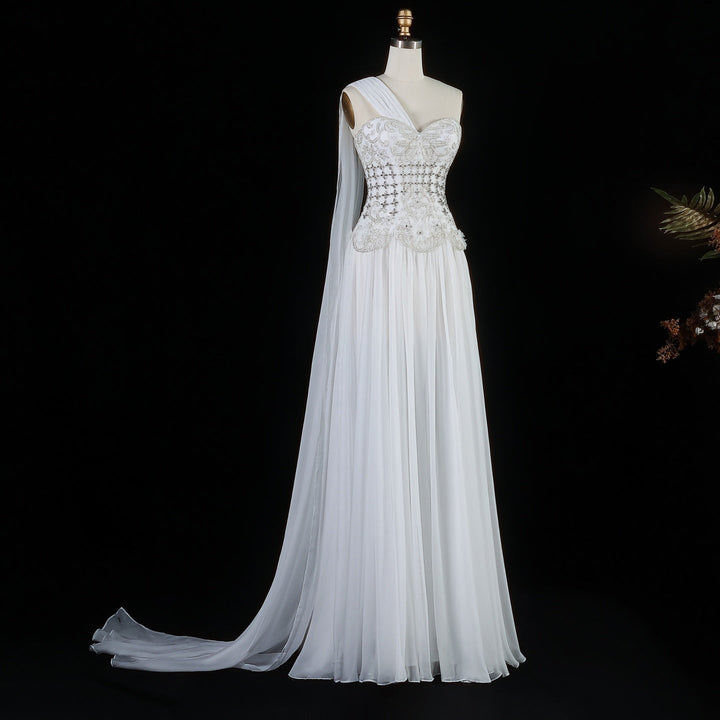Elegant Blush Pink Beaded Evening Dress with Cape SS285