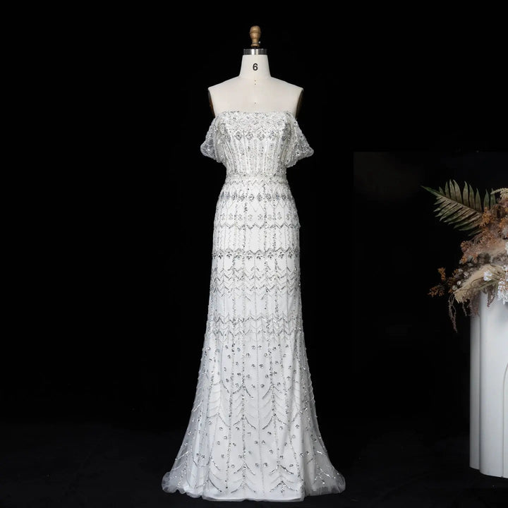 Arabic White Luxury Dubai Mermaid Evening Dress with Cap Sleeves SS291