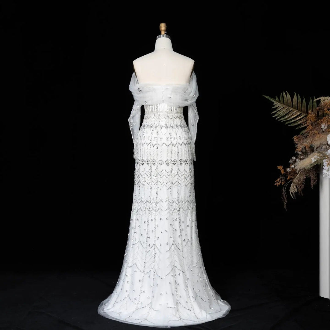 Arabic White Luxury Dubai Mermaid Evening Dress with Cap Sleeves SS291