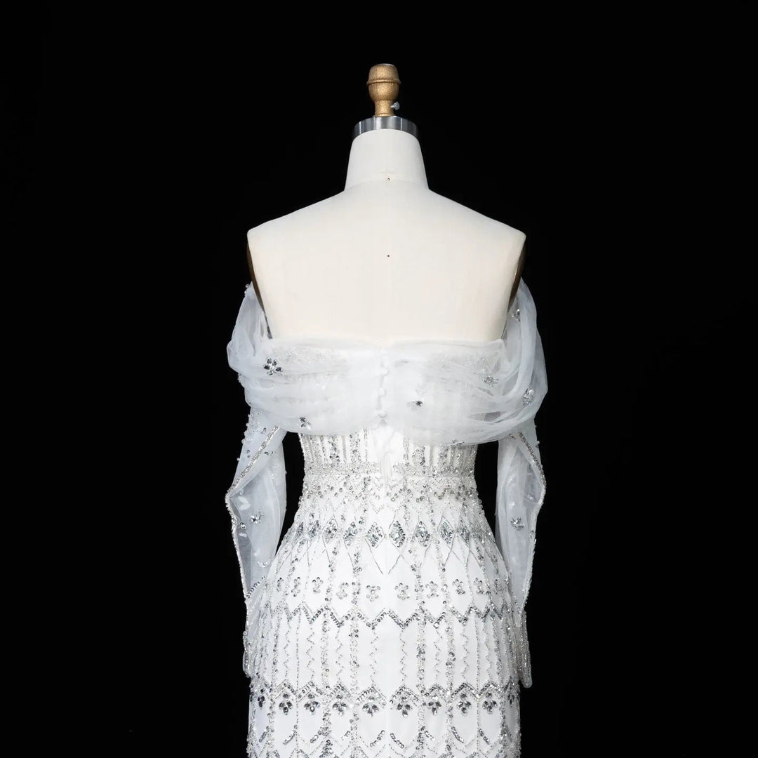 Arabic White Luxury Dubai Mermaid Evening Dress with Cap Sleeves SS291