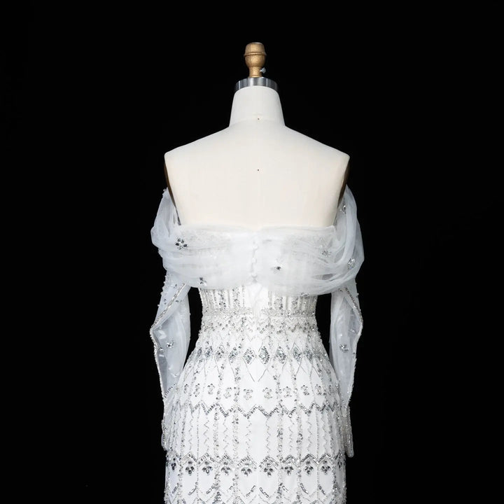 Arabic White Luxury Dubai Mermaid Evening Dress with Cap Sleeves SS291