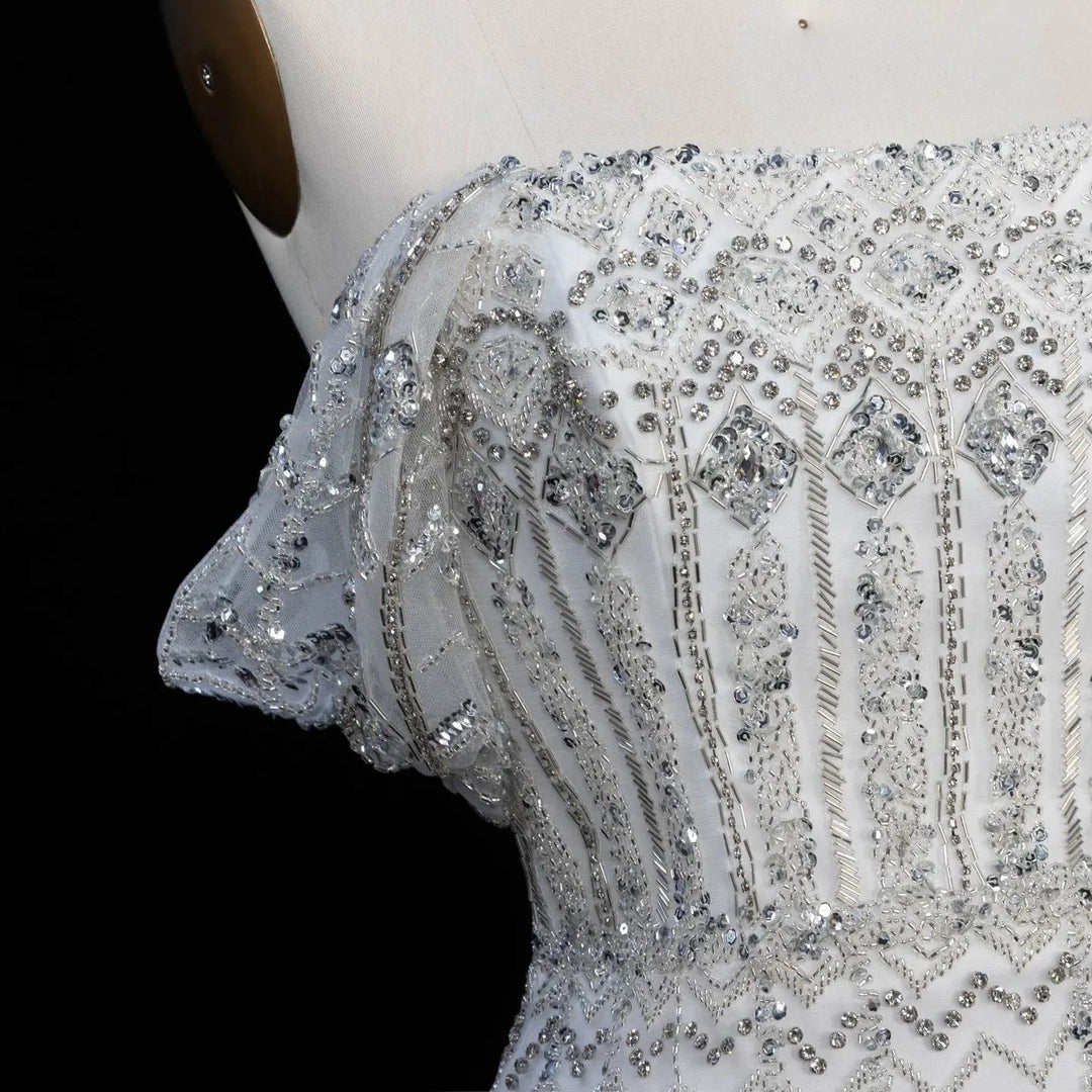 Arabic White Luxury Dubai Mermaid Evening Dress with Cap Sleeves SS291