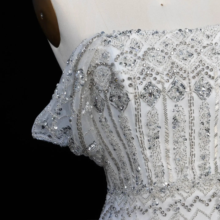 Arabic White Luxury Dubai Mermaid Evening Dress with Cap Sleeves SS291