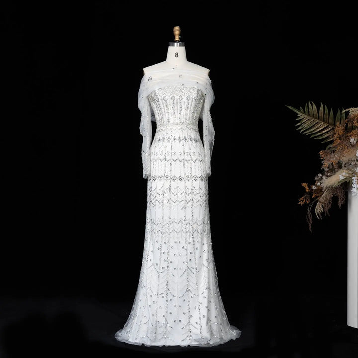 Arabic White Luxury Dubai Mermaid Evening Dress with Cap Sleeves SS291