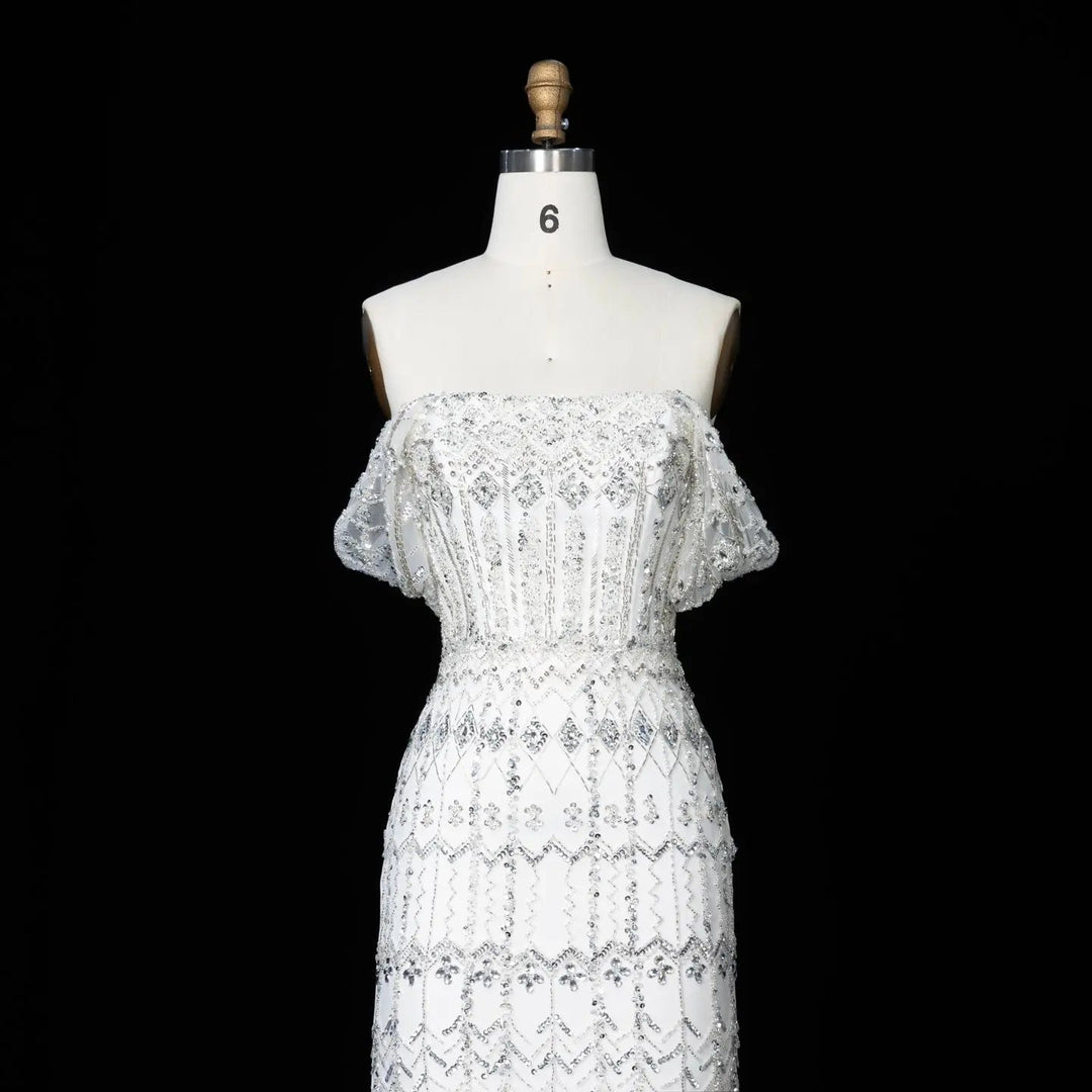 Arabic White Luxury Dubai Mermaid Evening Dress with Cap Sleeves SS291