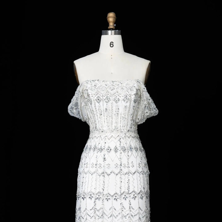 Arabic White Luxury Dubai Mermaid Evening Dress with Cap Sleeves SS291