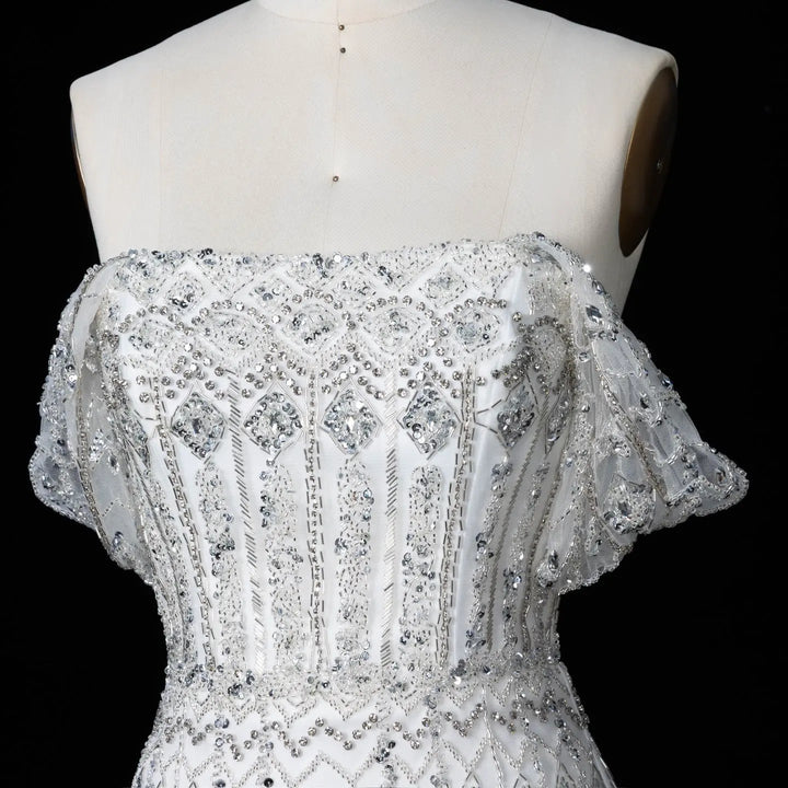 Arabic White Luxury Dubai Mermaid Evening Dress with Cap Sleeves SS291