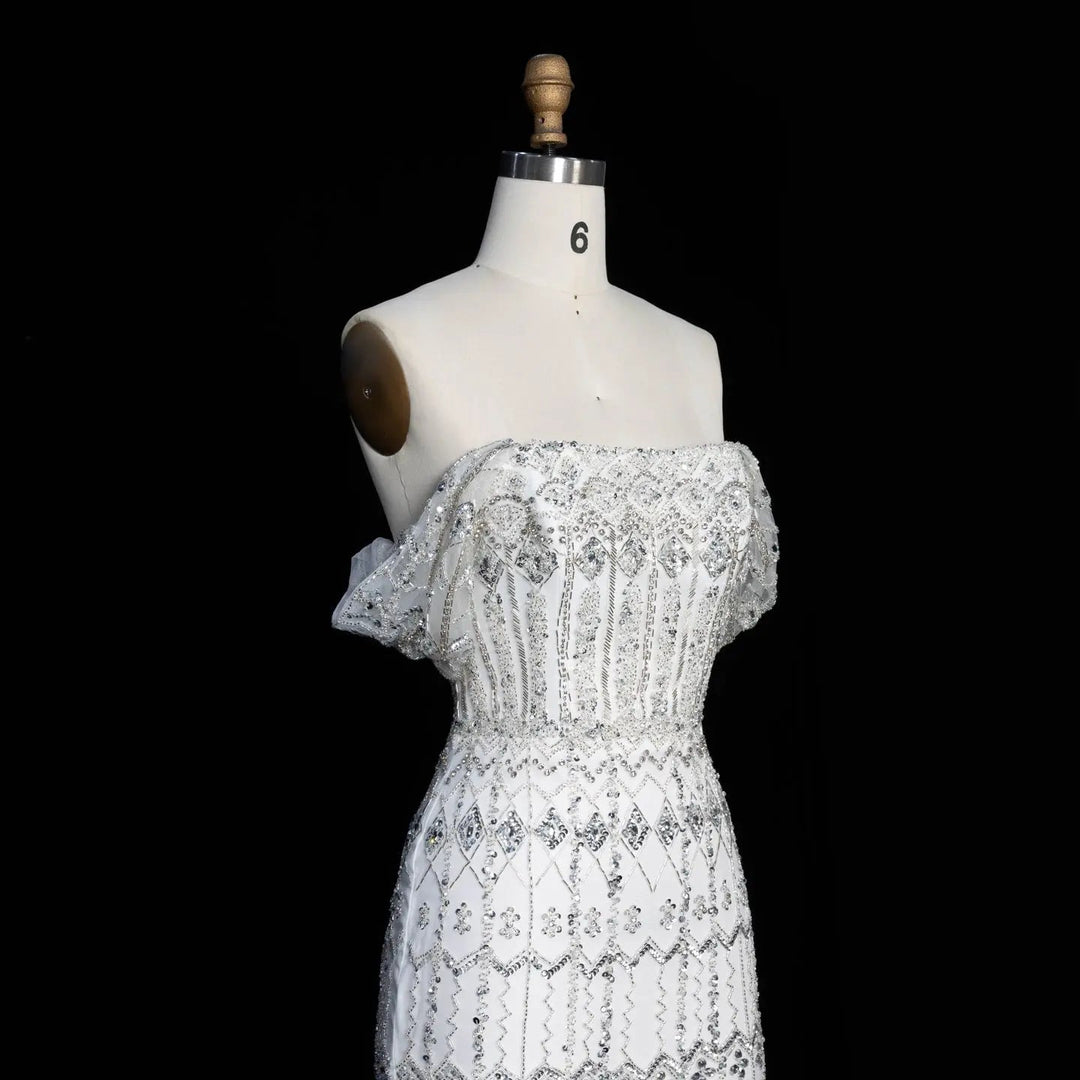 Arabic White Luxury Dubai Mermaid Evening Dress with Cap Sleeves SS291