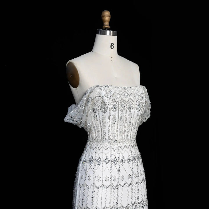 Arabic White Luxury Dubai Mermaid Evening Dress with Cap Sleeves SS291