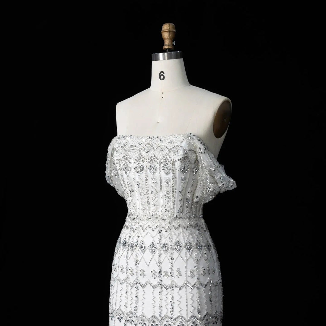 Arabic White Luxury Dubai Mermaid Evening Dress with Cap Sleeves SS291