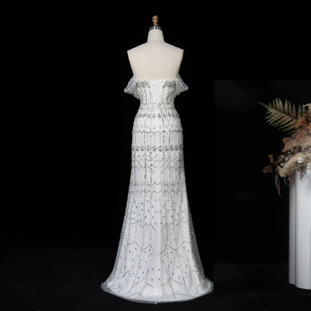 Arabic White Luxury Dubai Mermaid Evening Dress with Cap Sleeves SS291