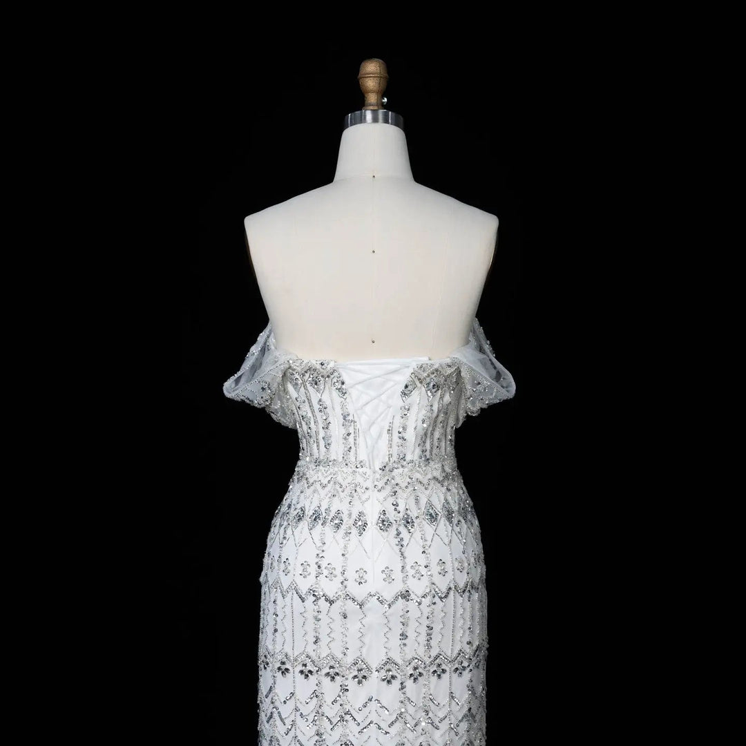 Arabic White Luxury Dubai Mermaid Evening Dress with Cap Sleeves SS291