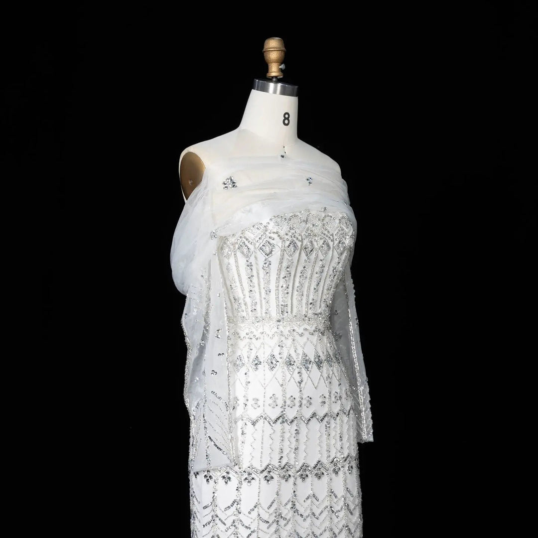 Arabic White Luxury Dubai Mermaid Evening Dress with Cap Sleeves SS291