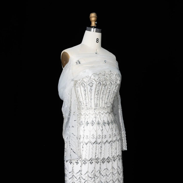 Arabic White Luxury Dubai Mermaid Evening Dress with Cap Sleeves SS291