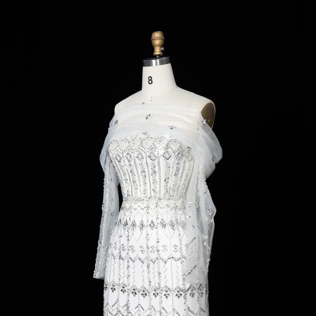 Arabic White Luxury Dubai Mermaid Evening Dress with Cap Sleeves SS291