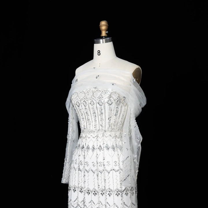 Arabic White Luxury Dubai Mermaid Evening Dress with Cap Sleeves SS291