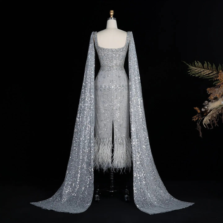 Bling Gray Mermaid Arabic Evening Dress with Cape SS279