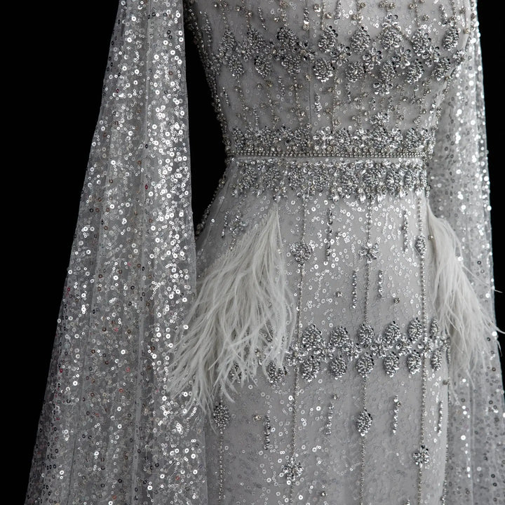 Bling Gray Mermaid Arabic Evening Dress with Cape SS279
