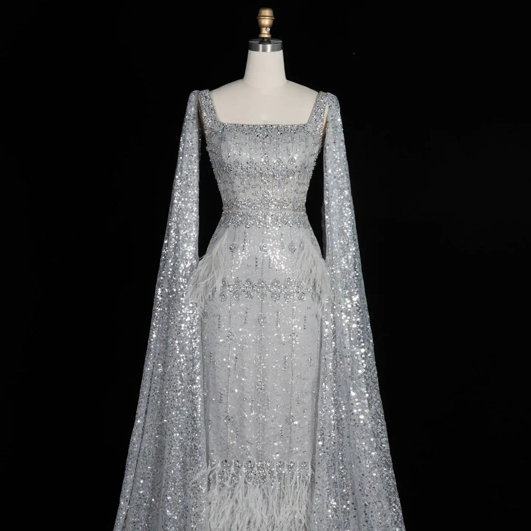 Bling Gray Mermaid Arabic Evening Dress with Cape SS279