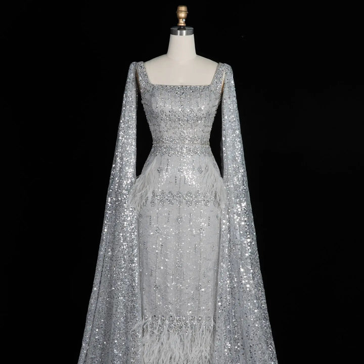 Bling Gray Mermaid Arabic Evening Dress with Cape SS279