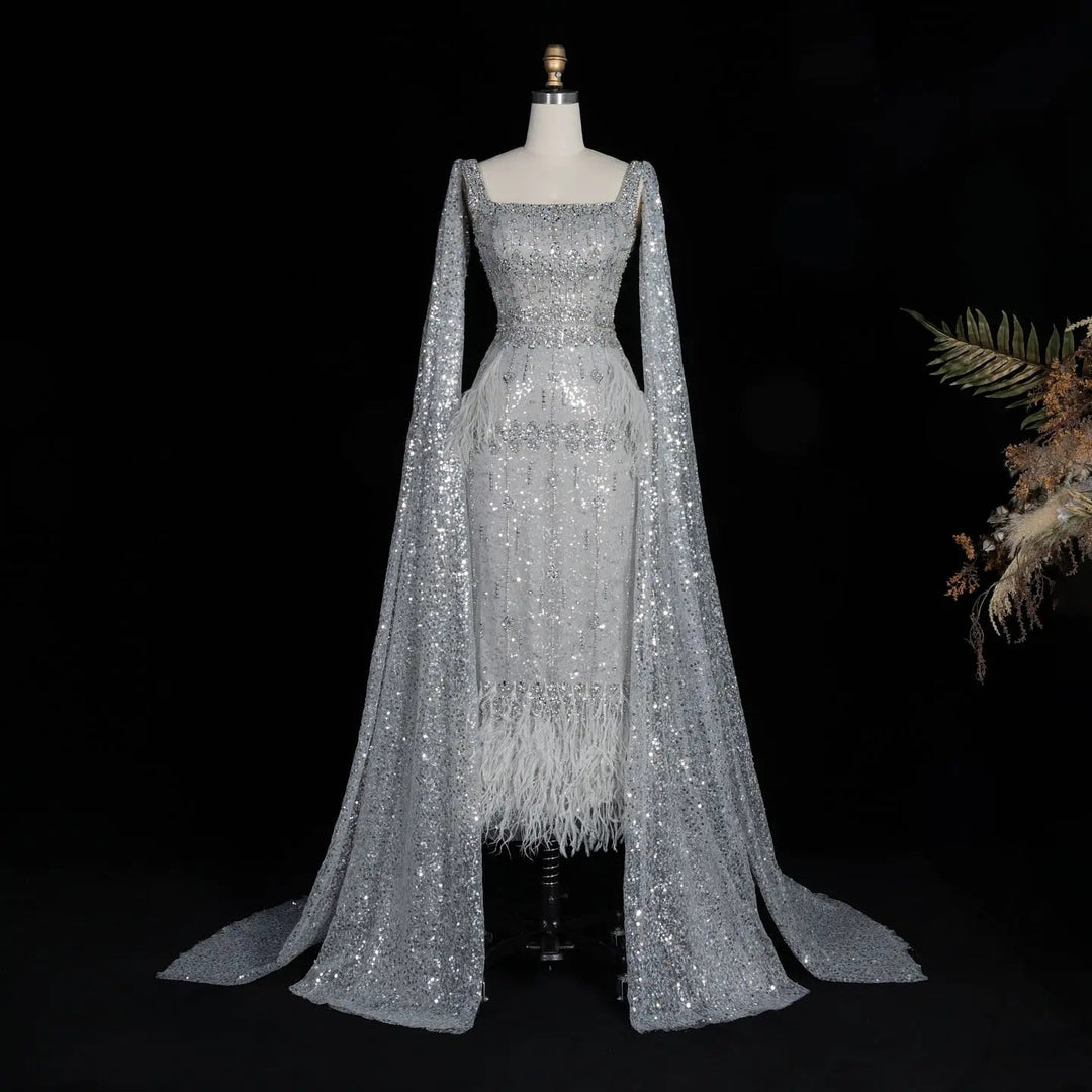 Bling Gray Mermaid Arabic Evening Dress with Cape SS279