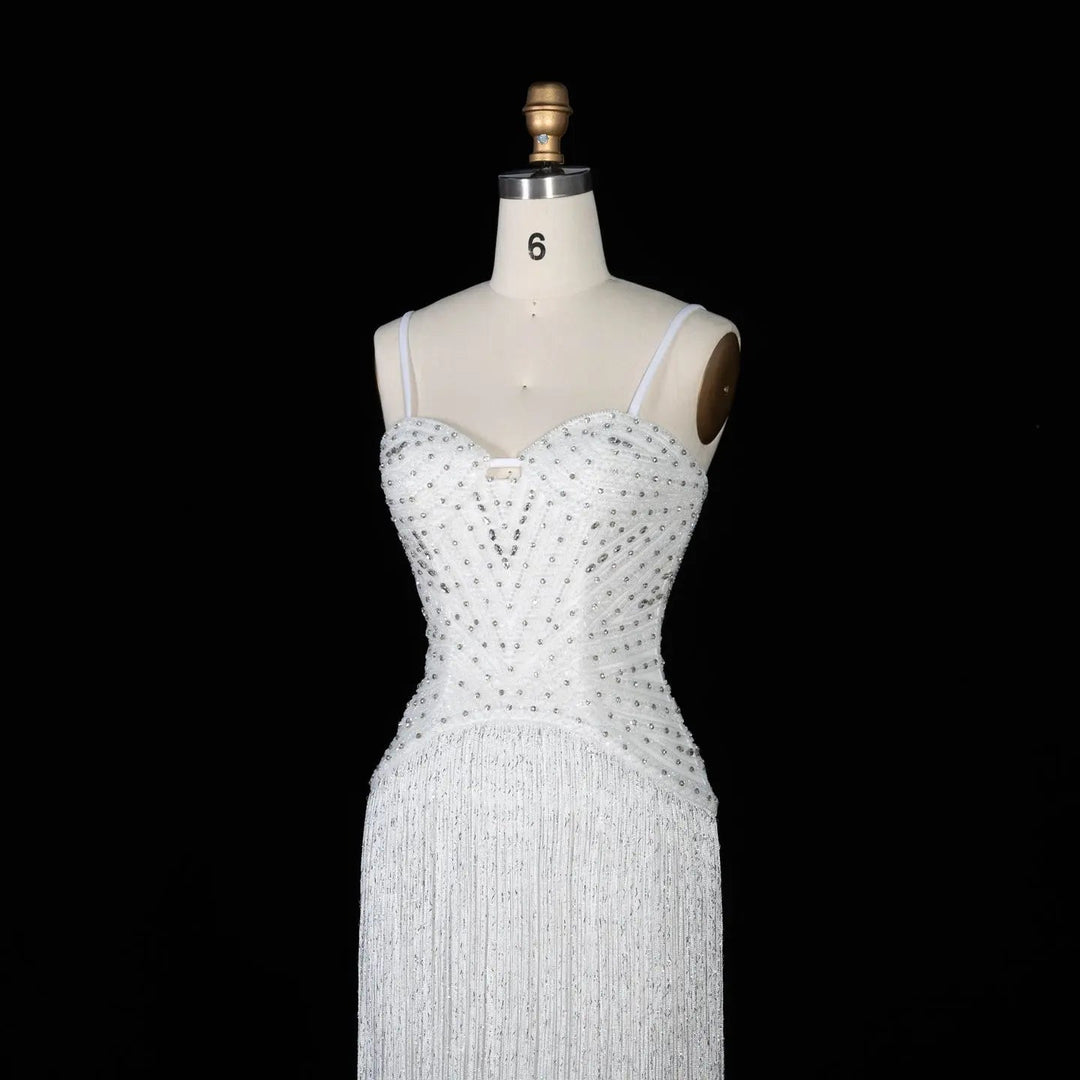 Luxury Yellow Beaded Fringe Evening Dress with Spaghetti Straps SS522